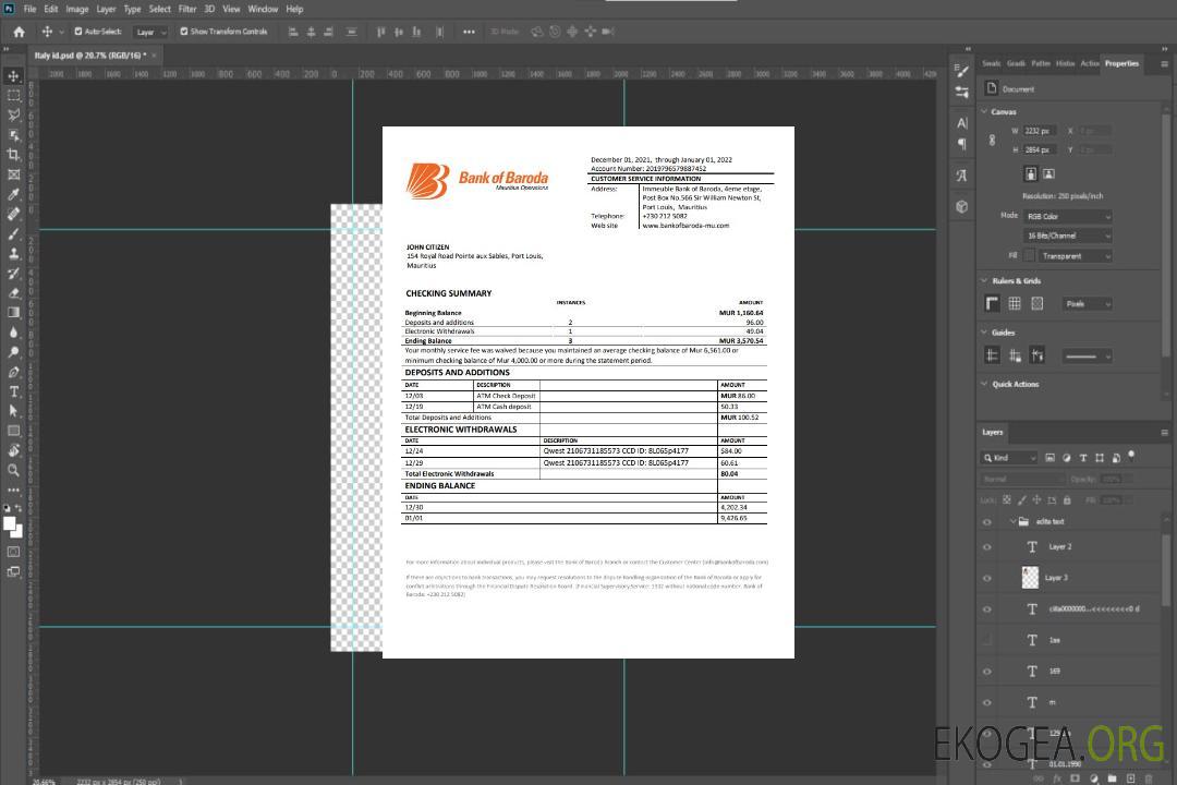Relevé bancaire de la Mauritius Bank of Boroda template Relevé bancaire de la Mauritius Bank of Boroda template